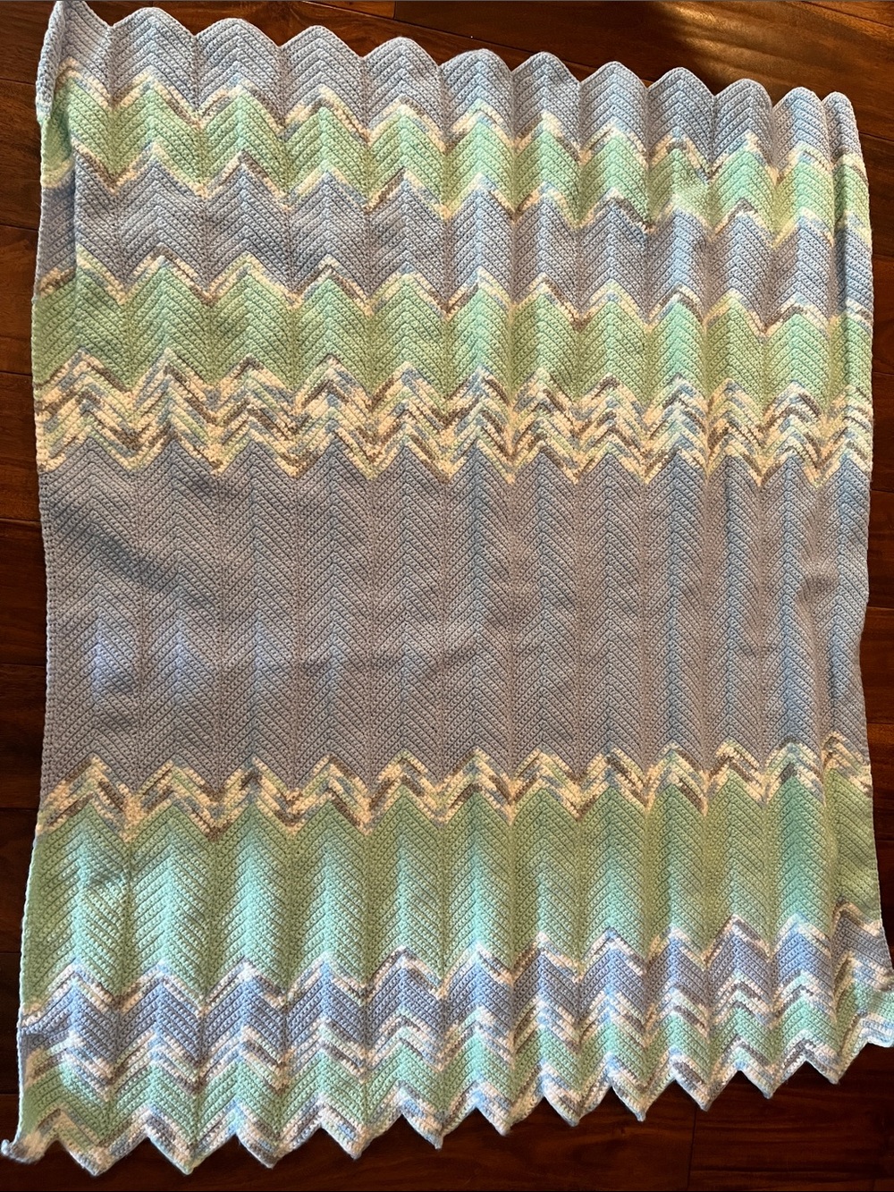Handmade Chevron Knit Throw Blanket in Light Gray and Sage Green 40x32" - Picture 4 of 6